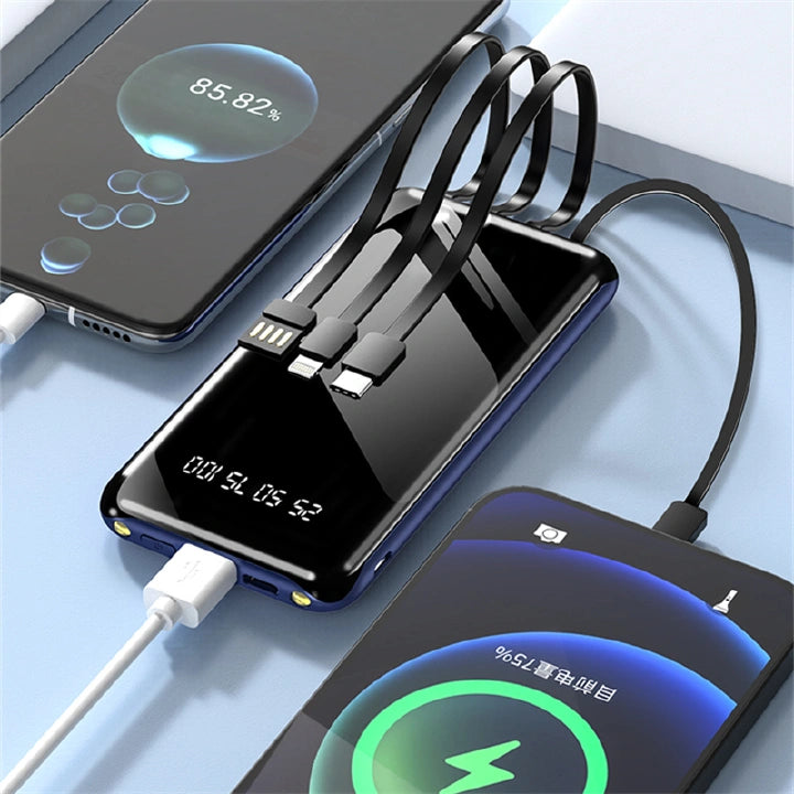 4 Cables Integrated High Capacity 10000mAh Fast Charging Portable Power Banks with LED Display, Type C, Micro USB & iPhone for Phone & Tablets.
