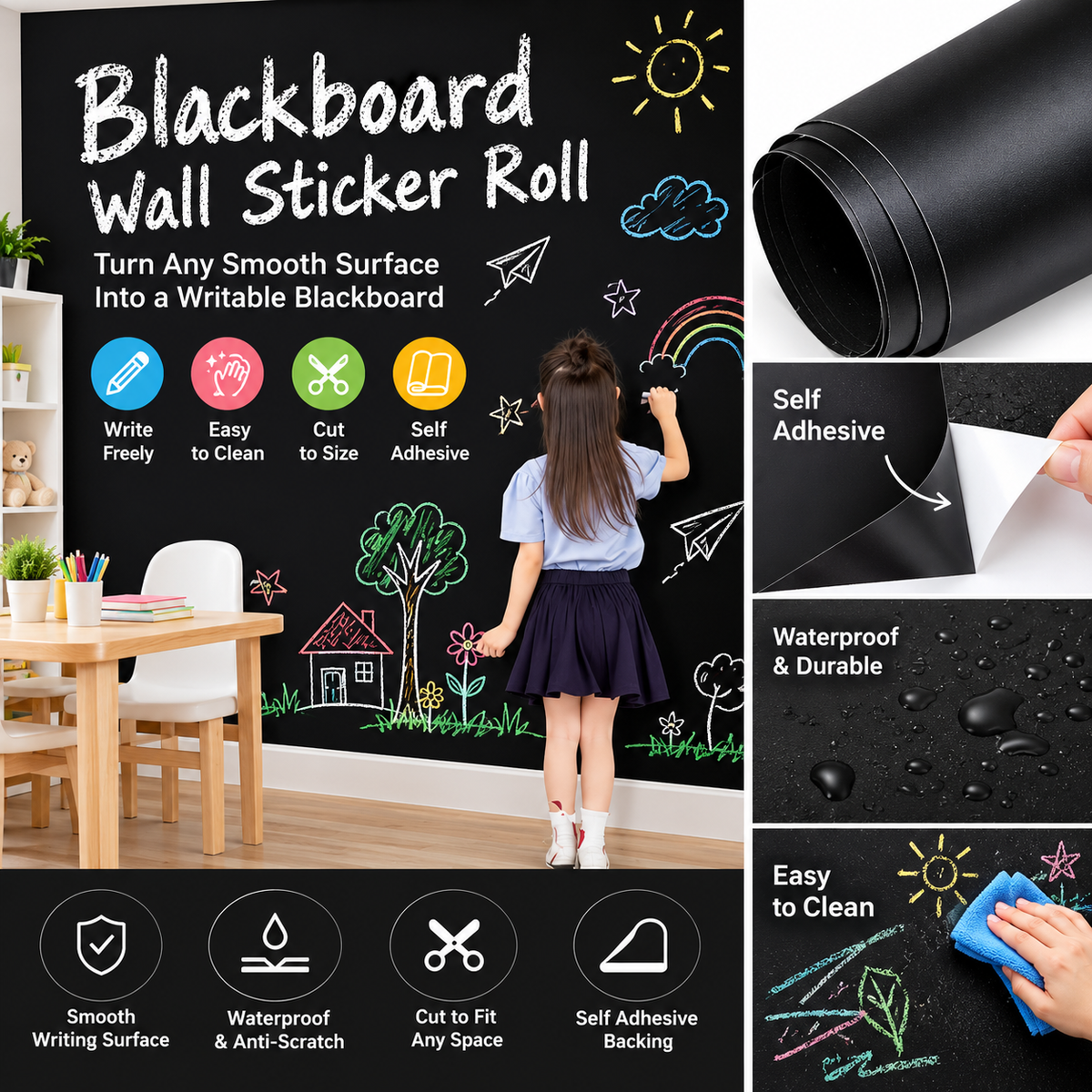 Self-Adhesive Chalkboard Wall Sticker ( 90 × 200 cm ) - With Free 5PCS Multi-Colour Chalks