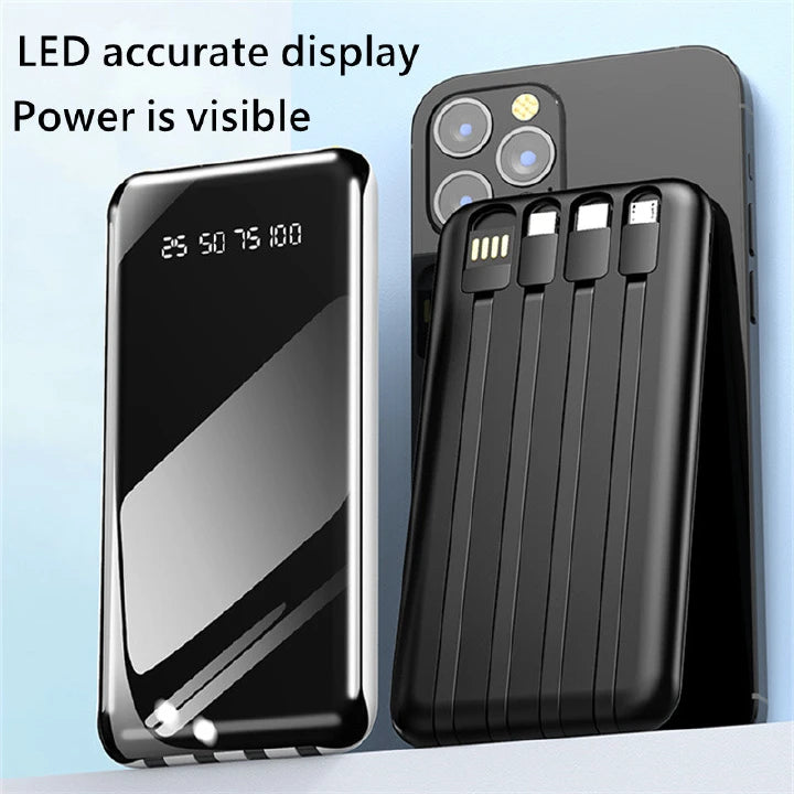 4 Cables Integrated High Capacity 10000mAh Fast Charging Portable Power Banks with LED Display, Type C, Micro USB & iPhone for Phone & Tablets.
