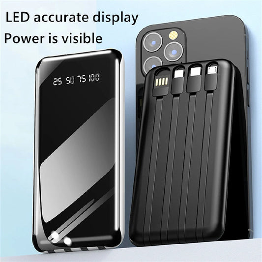 4 Cables Integrated High Capacity 10000mAh Fast Charging Portable Power Banks with LED Display, Type C, Micro USB & iPhone for Phone & Tablets.