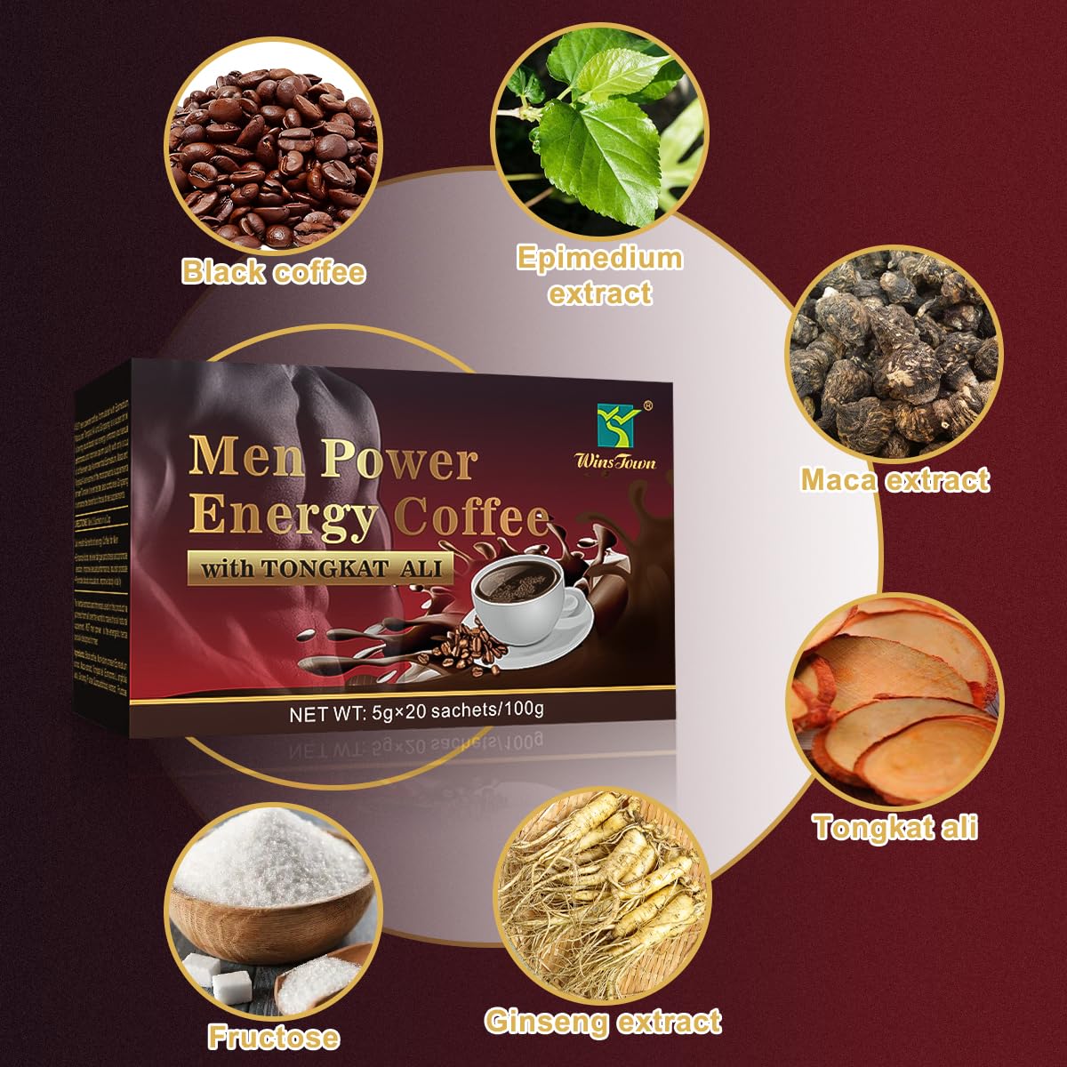 Men's Power Herbal Energy Coffee - Instant Black Coffee with Maca, Tongkat Ali, Epimedium & Ginseng – Boost Focus, Stamina & Vitality
