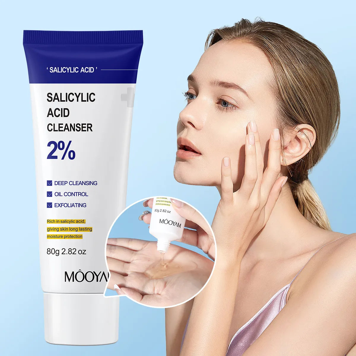 MOOYAM 2% Salicylic Acid Acne Removal Face Cleanser (80g) - Facial Exfoliant for Blackheads, Enlarged Pores, Wrinkles & Fine Lines