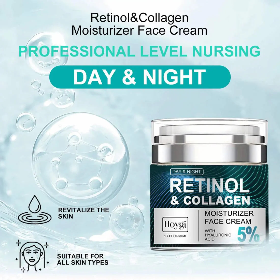 RETINOL & COLLAGEN Moisturizer Face Cream - Day & Night Anti-Aging Skin Care with 5% Hyaluronic Acid