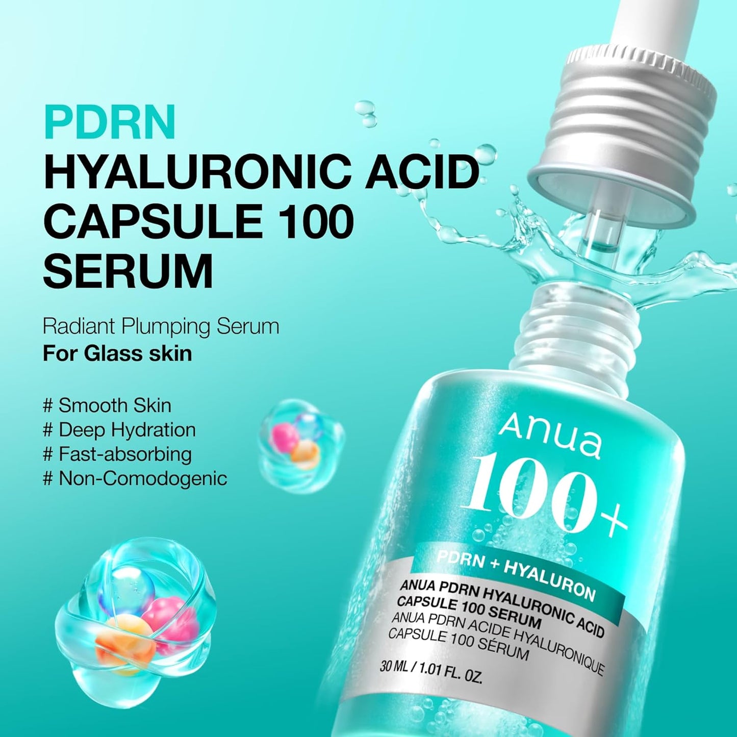 Anua PDRN Hyaluronic Acid Capsule 100 Serum - Radiant Face Serum, Salmon DNA, Hyaluronic Acid, Hydration, Moisture Plumping Effect, Lightweight, Glass Skin - 30 ml