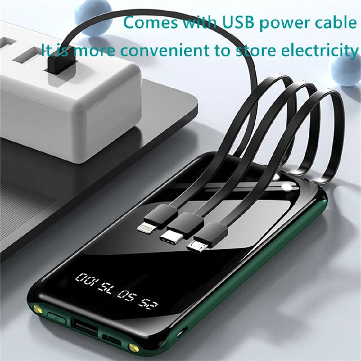 4 Cables Integrated High Capacity 10000mAh Fast Charging Portable Power Banks with LED Display, Type C, Micro USB & iPhone for Phone & Tablets.