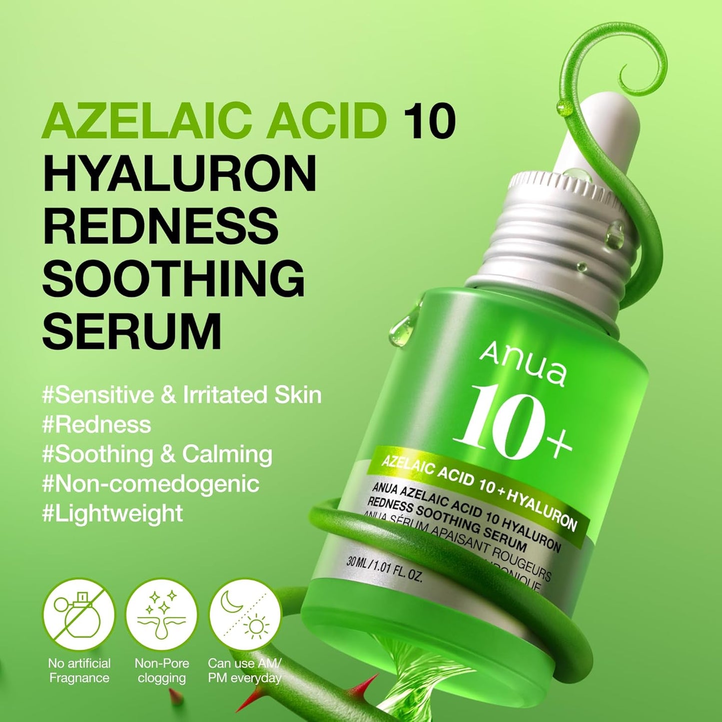 Anua Azelaic Acid 10 Hyaluron Redness Soothing Serum - Facial Serum for Blemish-Prone & Oily-Prone Skin, Lightweight & Hydrating Blemish Care, Hyaluronic Acid - 30 ml