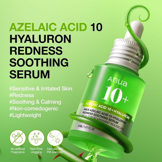 Anua Azelaic Acid 10 Hyaluron Redness Soothing Serum - Facial Serum for Blemish-Prone & Oily-Prone Skin, Lightweight & Hydrating Blemish Care, Hyaluronic Acid - 30 ml