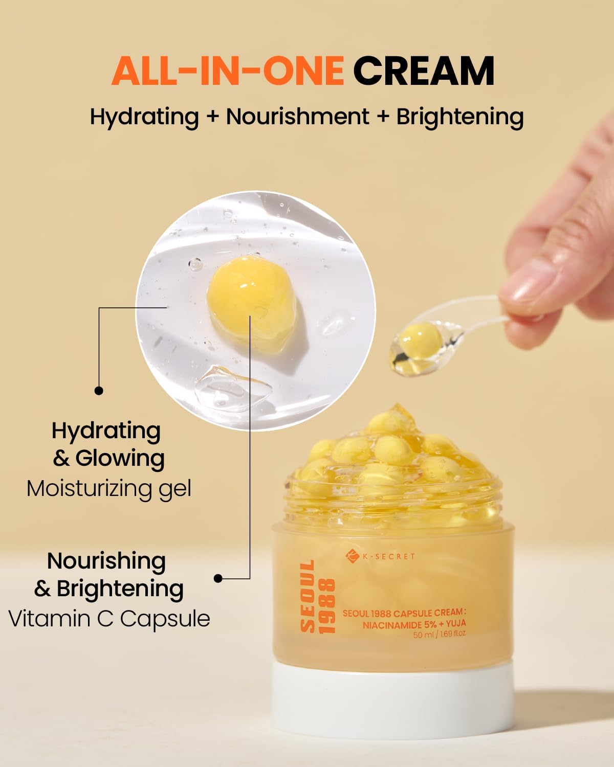 K-SECRET SEOUL 1988 Niacinamide Capsule Cream – Hydrating Face Moisturizer with 5% Niacinamide and Yuja | Vitamin C Capsule Cream for Dark Spots, Uneven Skin Tone | Korean Skincare, 50ml