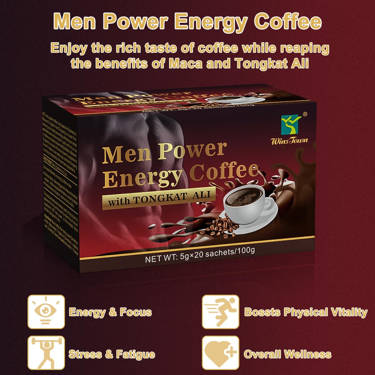 Men's Power Herbal Energy Coffee - Instant Black Coffee with Maca, Tongkat Ali, Epimedium & Ginseng – Boost Focus, Stamina & Vitality