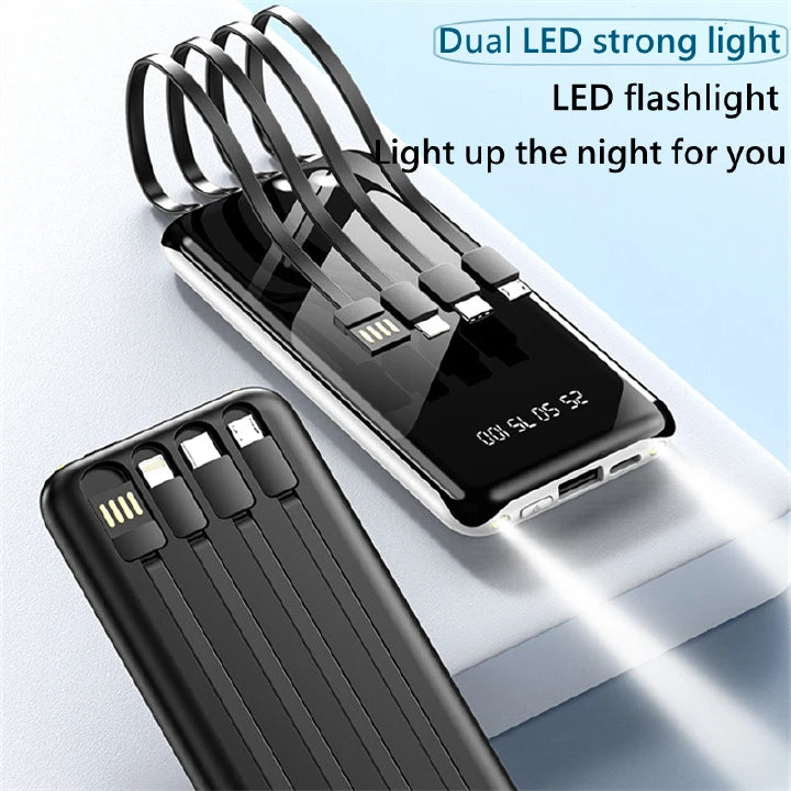 4 Cables Integrated High Capacity 10000mAh Fast Charging Portable Power Banks with LED Display, Type C, Micro USB & iPhone for Phone & Tablets.