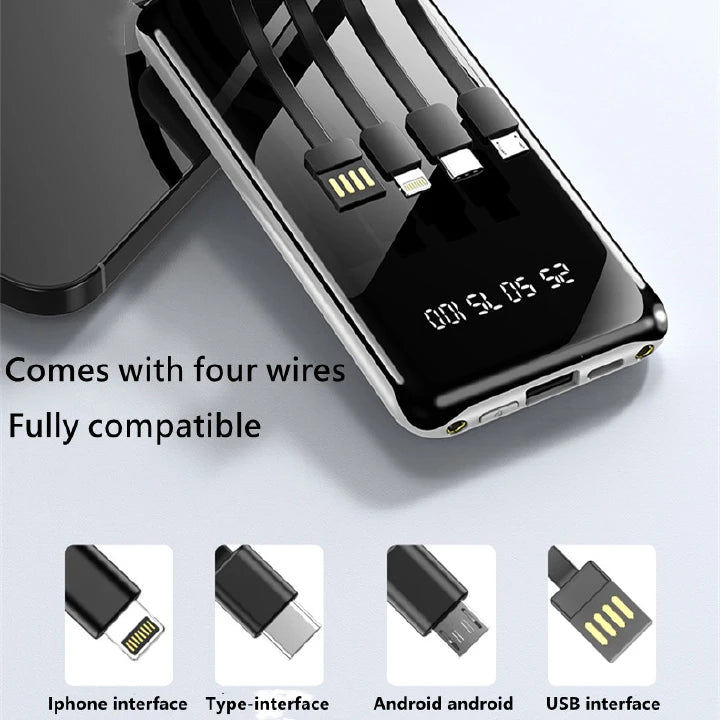 4 Cables Integrated High Capacity 10000mAh Fast Charging Portable Power Banks with LED Display, Type C, Micro USB & iPhone for Phone & Tablets.