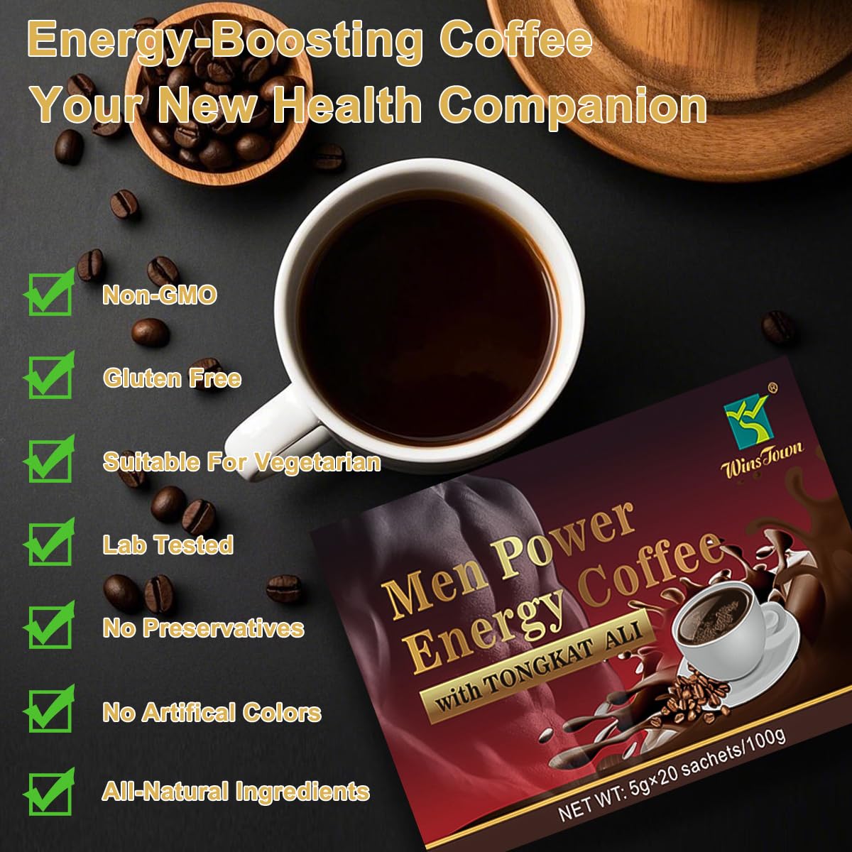 Men's Power Herbal Energy Coffee - Instant Black Coffee with Maca, Tongkat Ali, Epimedium & Ginseng – Boost Focus, Stamina & Vitality