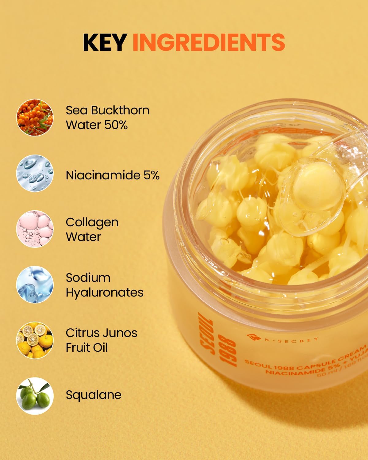 K-SECRET SEOUL 1988 Niacinamide Capsule Cream – Hydrating Face Moisturizer with 5% Niacinamide and Yuja | Vitamin C Capsule Cream for Dark Spots, Uneven Skin Tone | Korean Skincare, 50ml