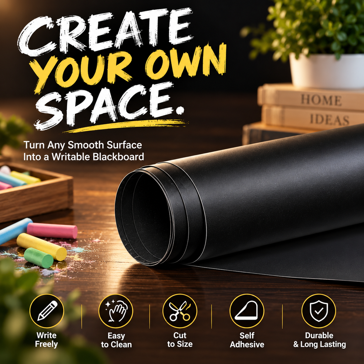 Self-Adhesive Chalkboard Wall Sticker ( 90 × 200 cm ) - With Free 5PCS Multi-Colour Chalks