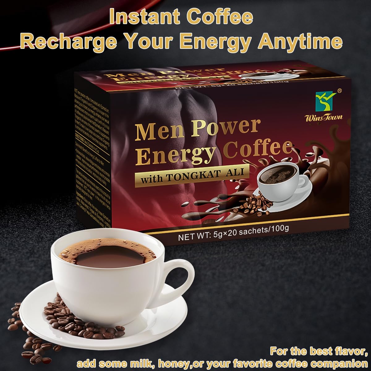 Men's Power Herbal Energy Coffee - Instant Black Coffee with Maca, Tongkat Ali, Epimedium & Ginseng – Boost Focus, Stamina & Vitality