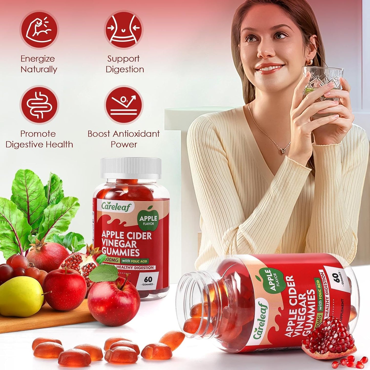 Apple Cider Vinegar Gummies for Metabolism & Digestion Boost, Detox, Gut & Immune Health - 60 Gummies