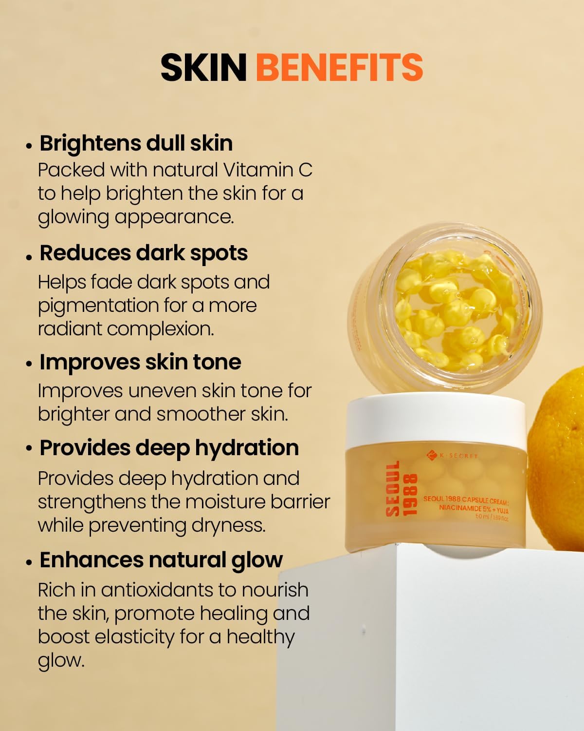 K-SECRET SEOUL 1988 Niacinamide Capsule Cream – Hydrating Face Moisturizer with 5% Niacinamide and Yuja | Vitamin C Capsule Cream for Dark Spots, Uneven Skin Tone | Korean Skincare, 50ml