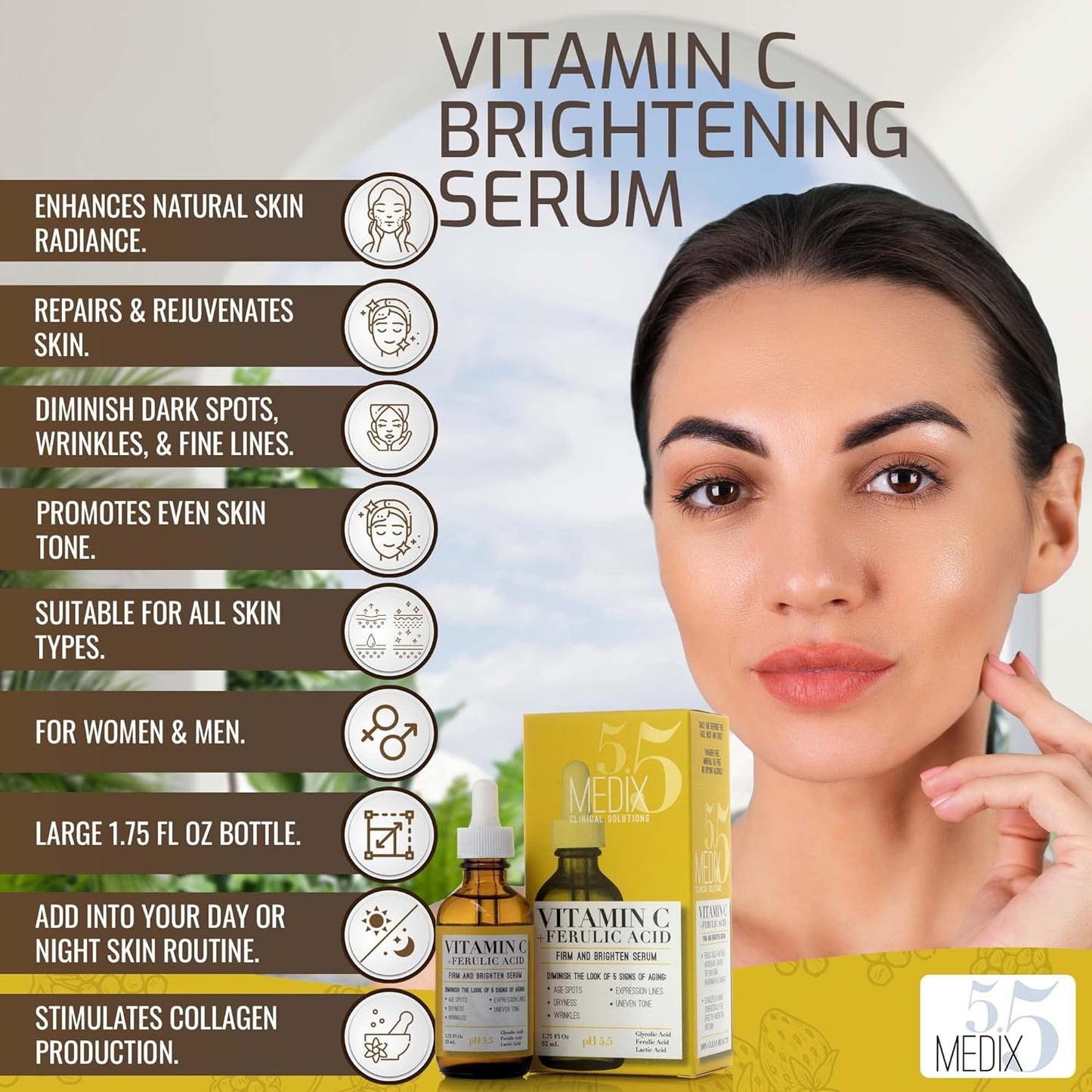 Medix Vitamin C Facial Serum Skin Care Booster For Age Spots, Wrinkles, & Fine Lines. Anti Aging Face Serum W/Glycolic Acid & Hyaluronic Acid Brightens Skin For Healthier Skin Complexion, 52ml