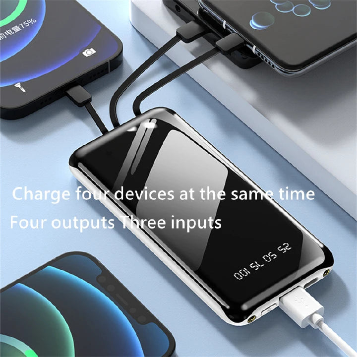 4 Cables Integrated High Capacity 10000mAh Fast Charging Portable Power Banks with LED Display, Type C, Micro USB & iPhone for Phone & Tablets.