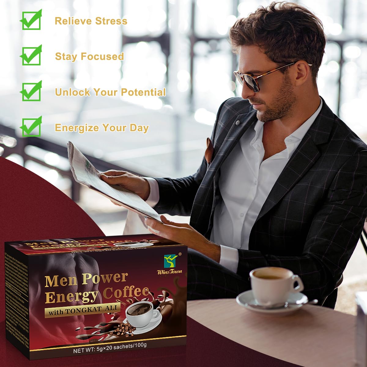 Men's Power Herbal Energy Coffee - Instant Black Coffee with Maca, Tongkat Ali, Epimedium & Ginseng – Boost Focus, Stamina & Vitality