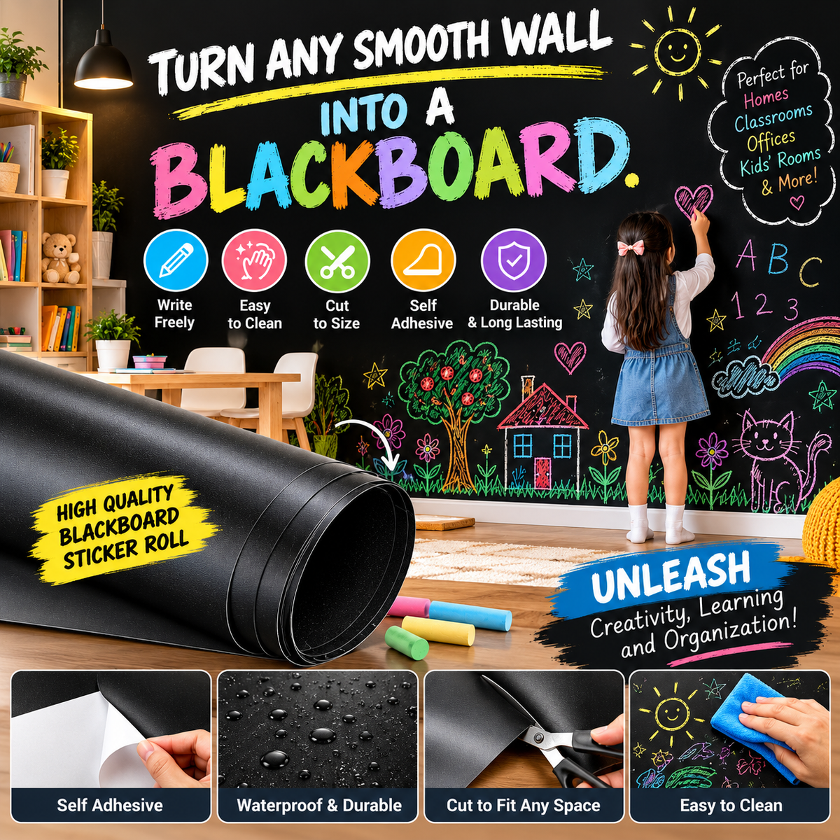 Self-Adhesive Chalkboard Wall Sticker ( 90 × 200 cm ) - With Free 5PCS Multi-Colour Chalks