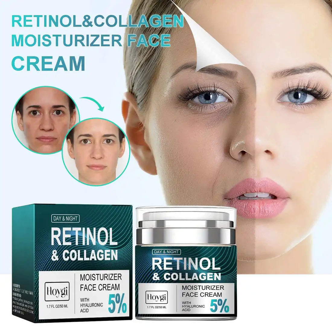 RETINOL & COLLAGEN Moisturizer Face Cream - Day & Night Anti-Aging Skin Care with 5% Hyaluronic Acid