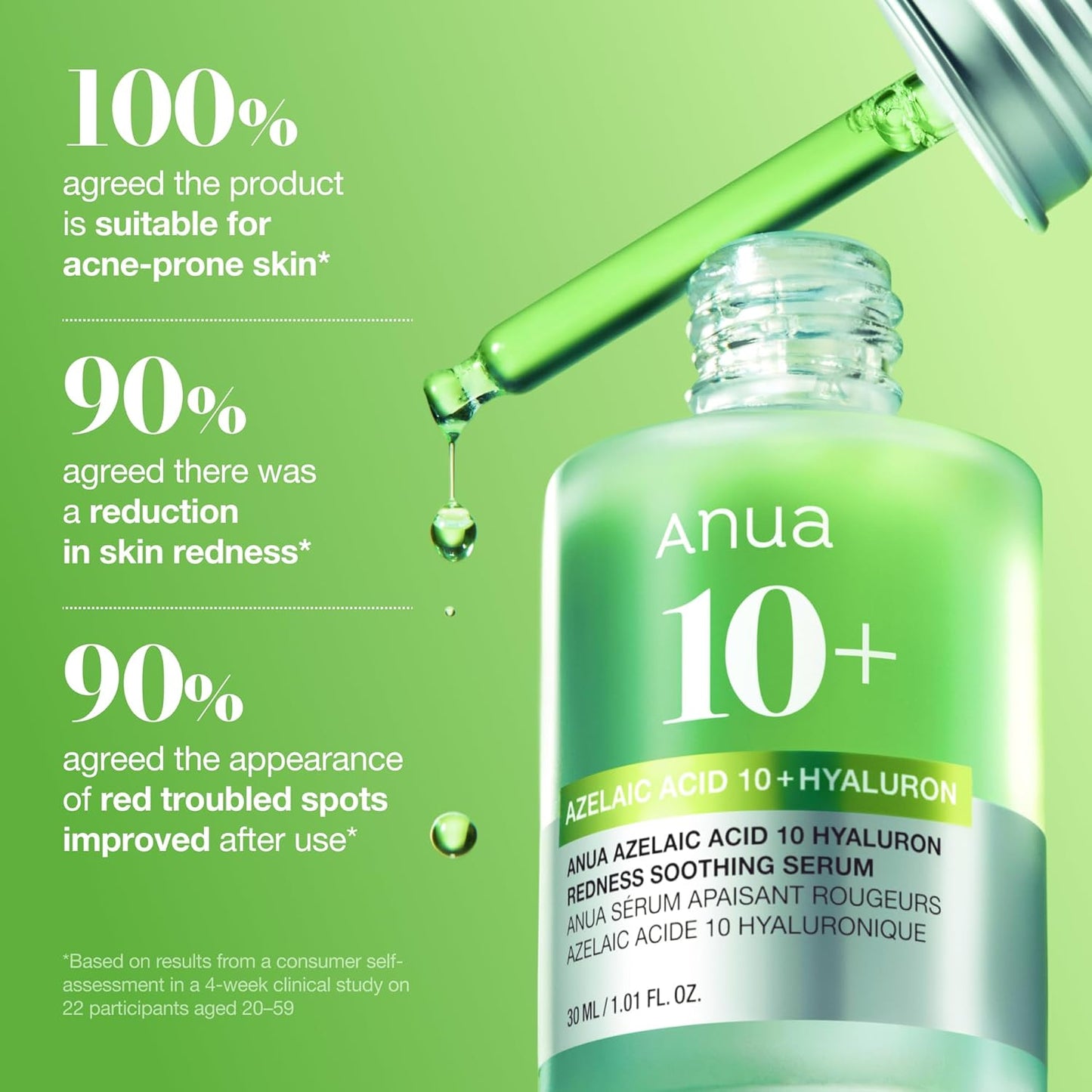 Anua Azelaic Acid 10 Hyaluron Redness Soothing Serum - Facial Serum for Blemish-Prone & Oily-Prone Skin, Lightweight & Hydrating Blemish Care, Hyaluronic Acid - 30 ml