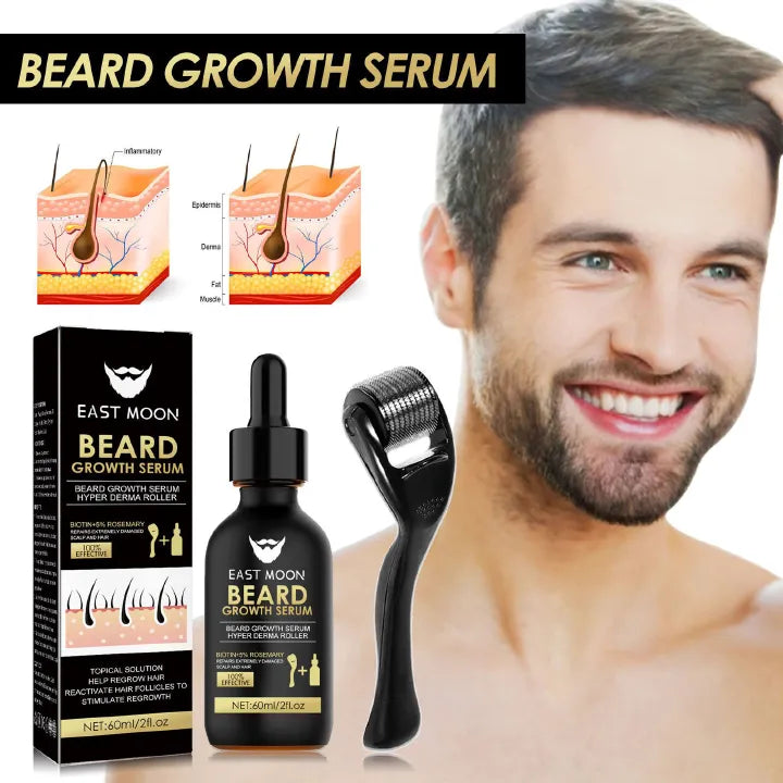 Men's Beard Growth Serum Kit With Derma Roller - Beard Growth, Nourishing & Thickening for Fuller Beard