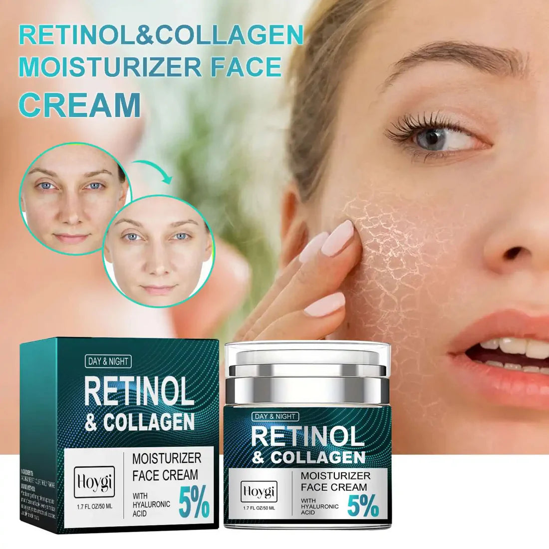 RETINOL & COLLAGEN Moisturizer Face Cream - Day & Night Anti-Aging Skin Care with 5% Hyaluronic Acid