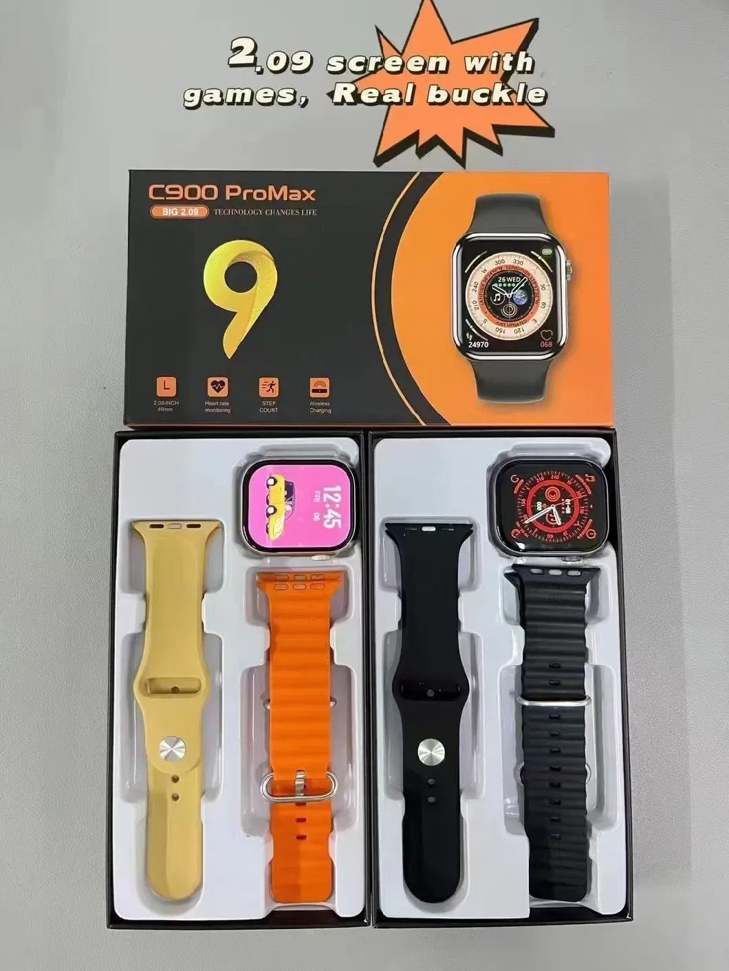 SMARTWATCH C900 Pro Max | Compatible with iOS and Android. Tracker for Health, Fitness, Running, Sleep Cycles, Monitor Heart Rate/Blood Oxygen...With Extra Straps