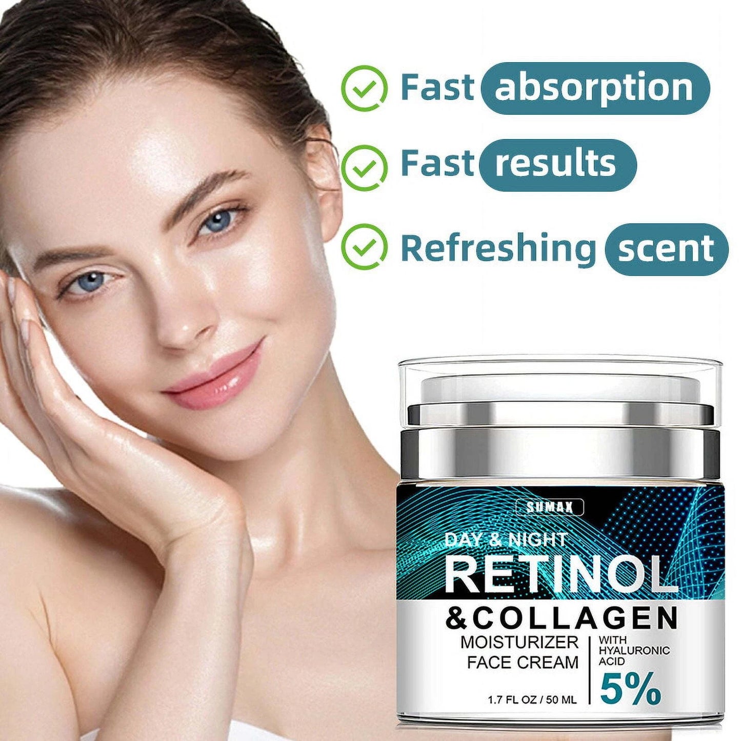 RETINOL & COLLAGEN Moisturizer Face Cream - Day & Night Anti-Aging Skin Care with 5% Hyaluronic Acid
